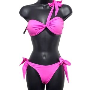 Fredericks of Hollywood Hot Pink One Shoulder Side Tie Bikini Set Size L NEW